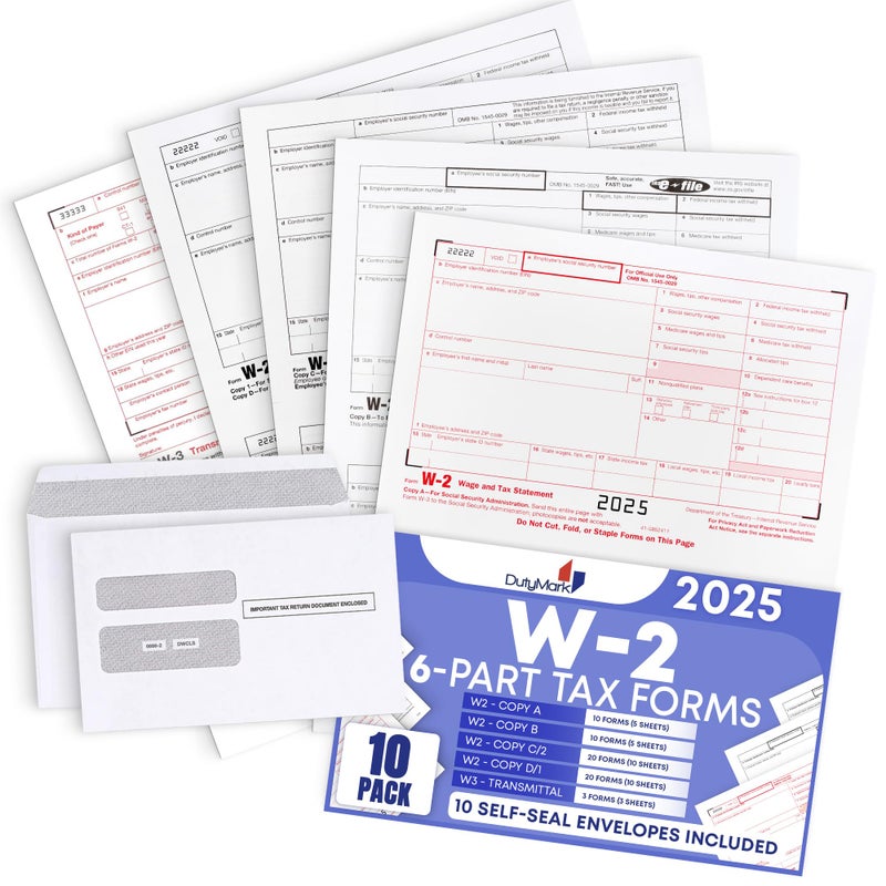 Dutymark W2 Forms 2025 Complete 6 Part Laser W-2 Tax Forms kit, with 3 W3s Transmittal and Self-Seal Envelopes - Kit for 10 Employees, Compatible with QuickBooks and Accounting Software - Image 1